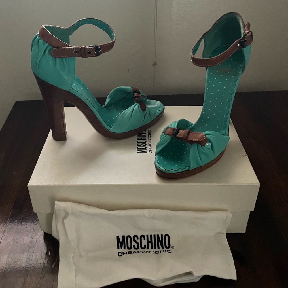 Moschino Teal and Brown Peep Toe Heels Size 9